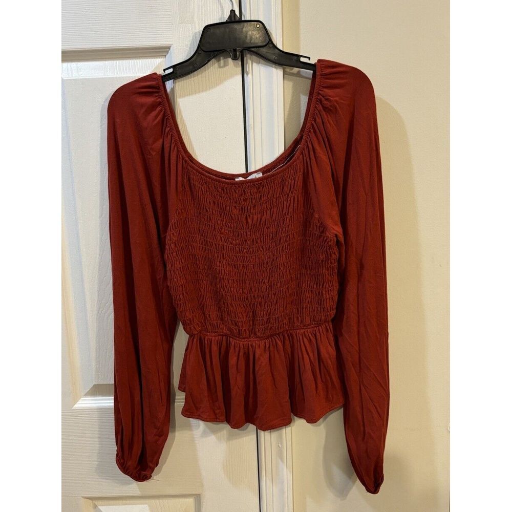 White Birch Burnt Orange Smocked‎ Long Sleeve Shirt Blouse Women's Sz M Boho